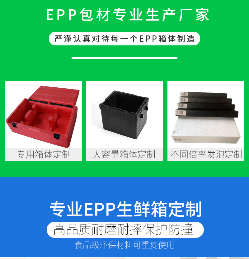 EPP包材專業(yè)生產(chǎn)廠家，專業(yè)EPP生鮮箱定制，專用箱體定制，大容量箱體定制，不同倍率發(fā)泡定制