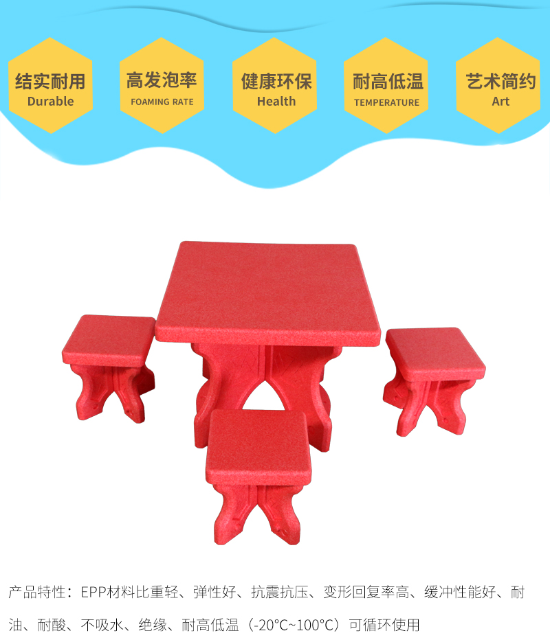 結(jié)實(shí)耐用，高發(fā)泡率，健康環(huán)保，耐高低溫，藝術(shù)簡(jiǎn)約，產(chǎn)品特性：EPP材料比重輕、彈性好、抗震抗壓、變形回復(fù)率高、緩沖性能好、奶油、耐酸、不吸水、絕緣、耐高低溫，可循環(huán)使用。